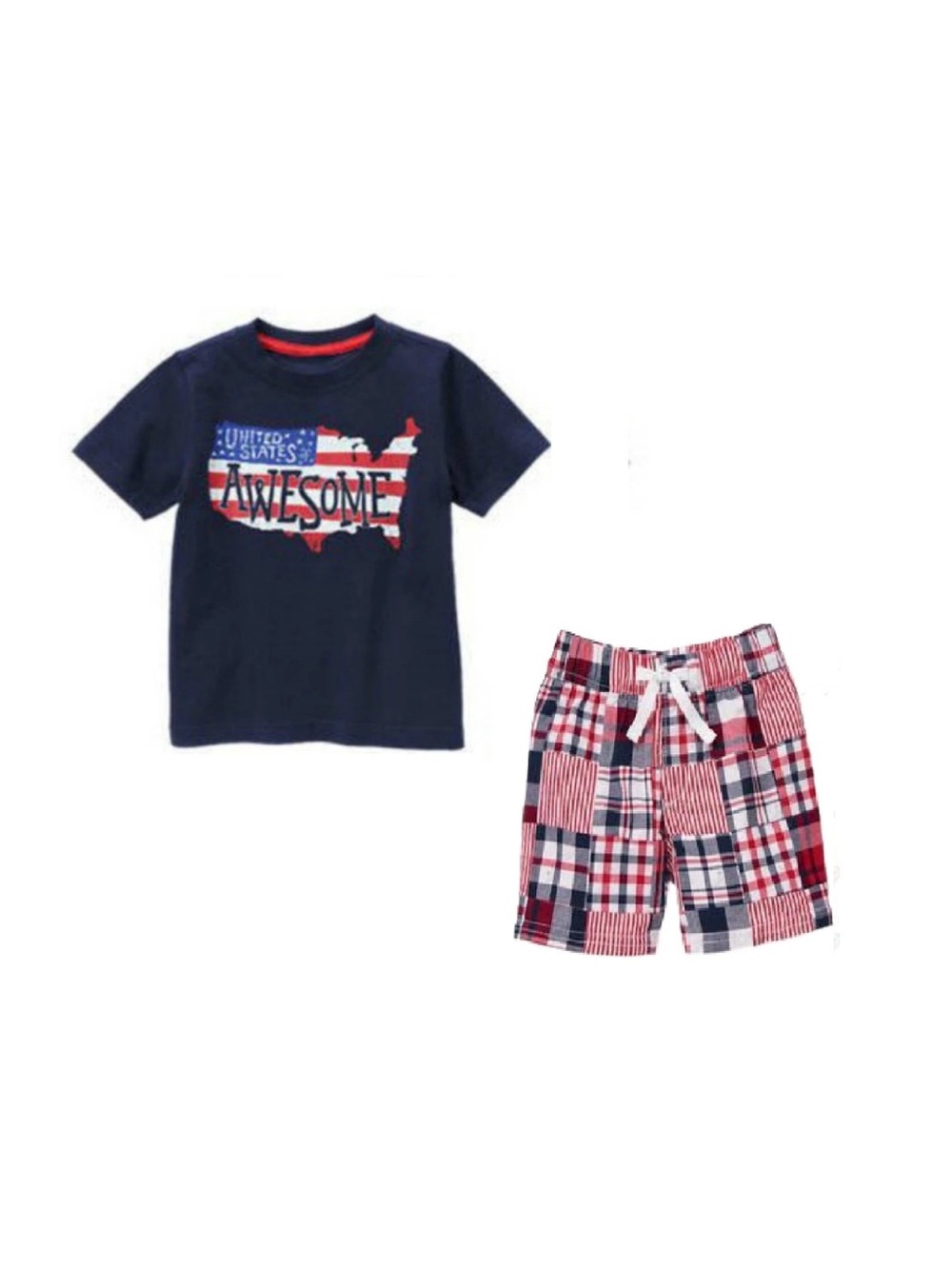 NWT Gymboree Boys’ Navy 'Awesome' USA Graphic Tee & Red Patchwork Shorts Set